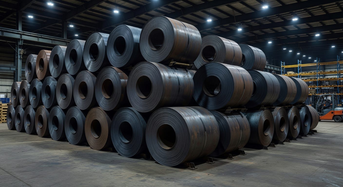 Hot rolled steel coil staged for project delivery